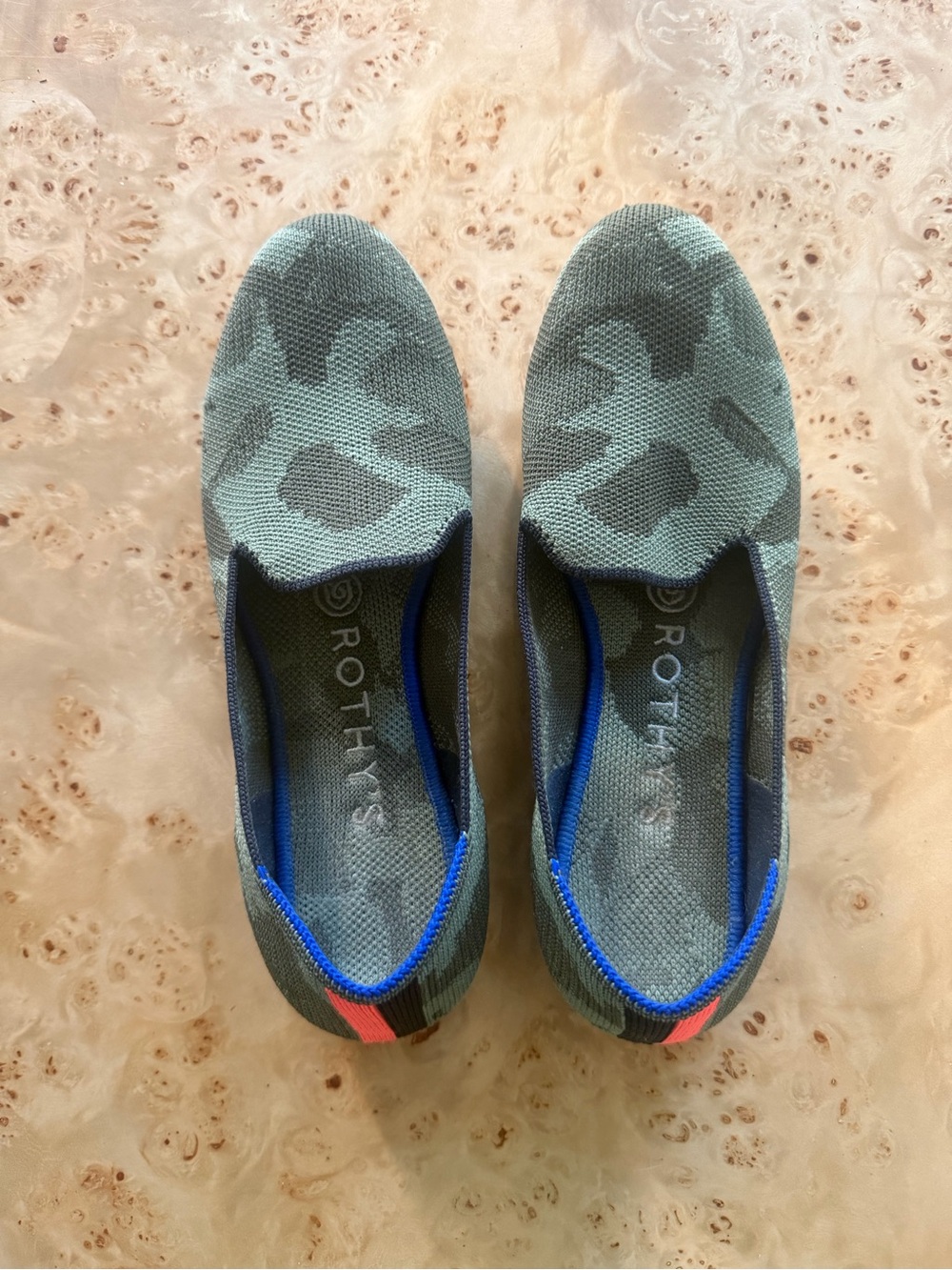 Rothy's Olive Green Camo Slip-On Flats with Blue Trim and Coral Heel Tab